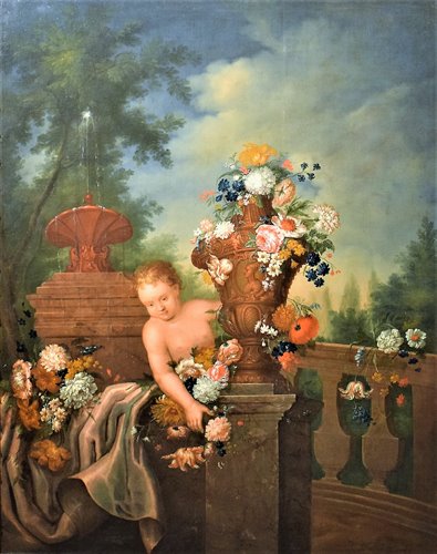 Natura Morta di fiori con Putto e Fontana